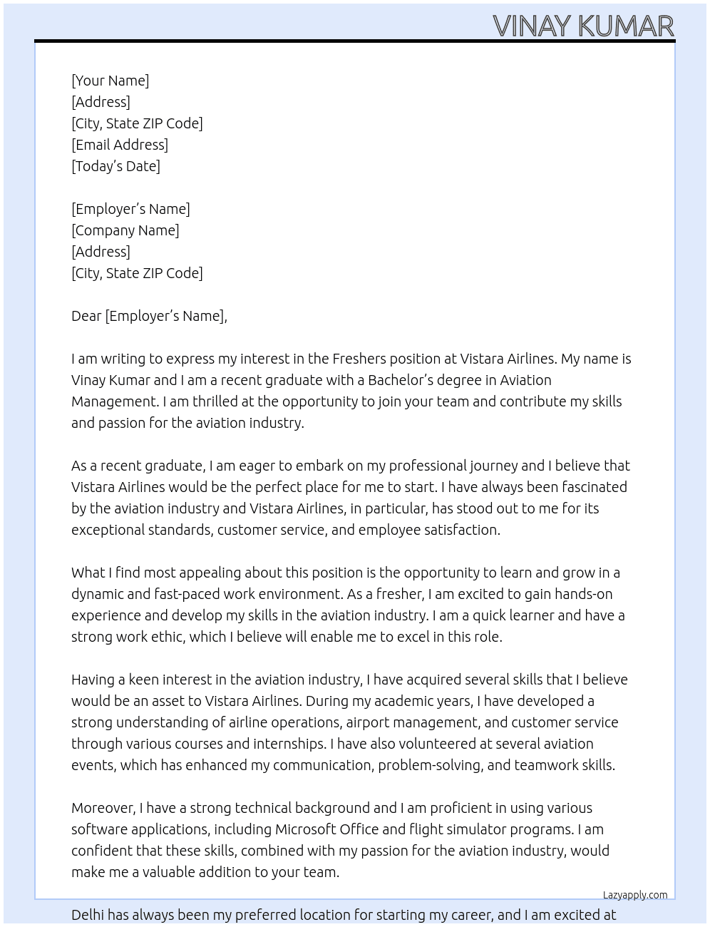 Freshers  At Vistara air line  Cover Letter