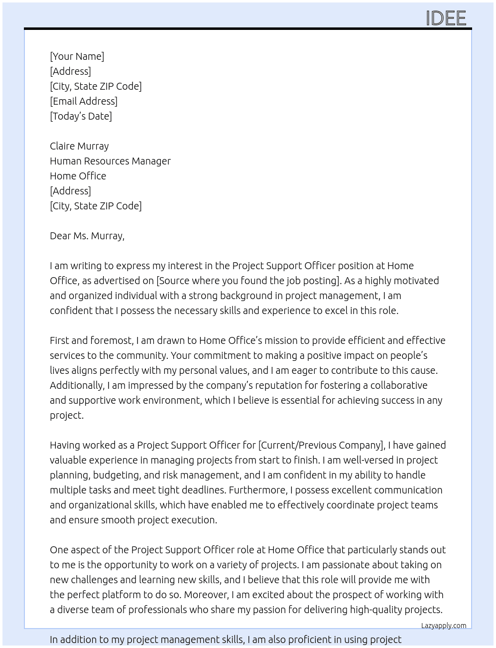 Project support officer  At Home office  Cover Letter