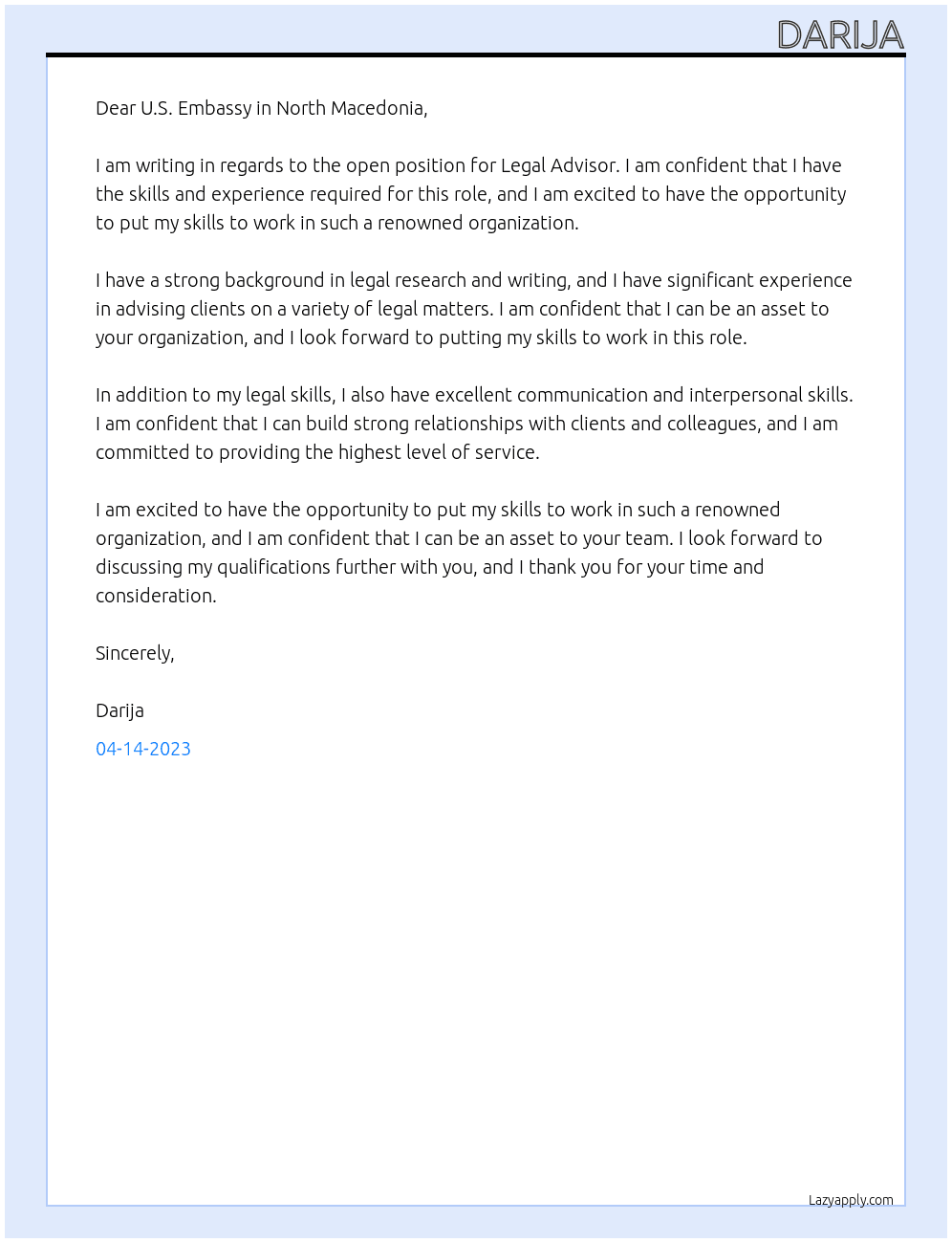 Legal Advisor At U.S. Embassy in North Macedonia Cover Letter