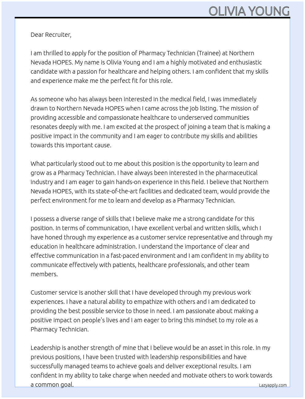 Pharmacy Technician (Trainee) At Northern Nevada HOPES Cover Letter