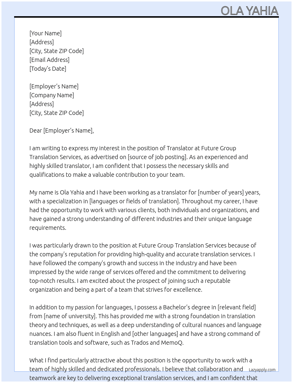 Translator l At Future Group Translation Services Cover Letter