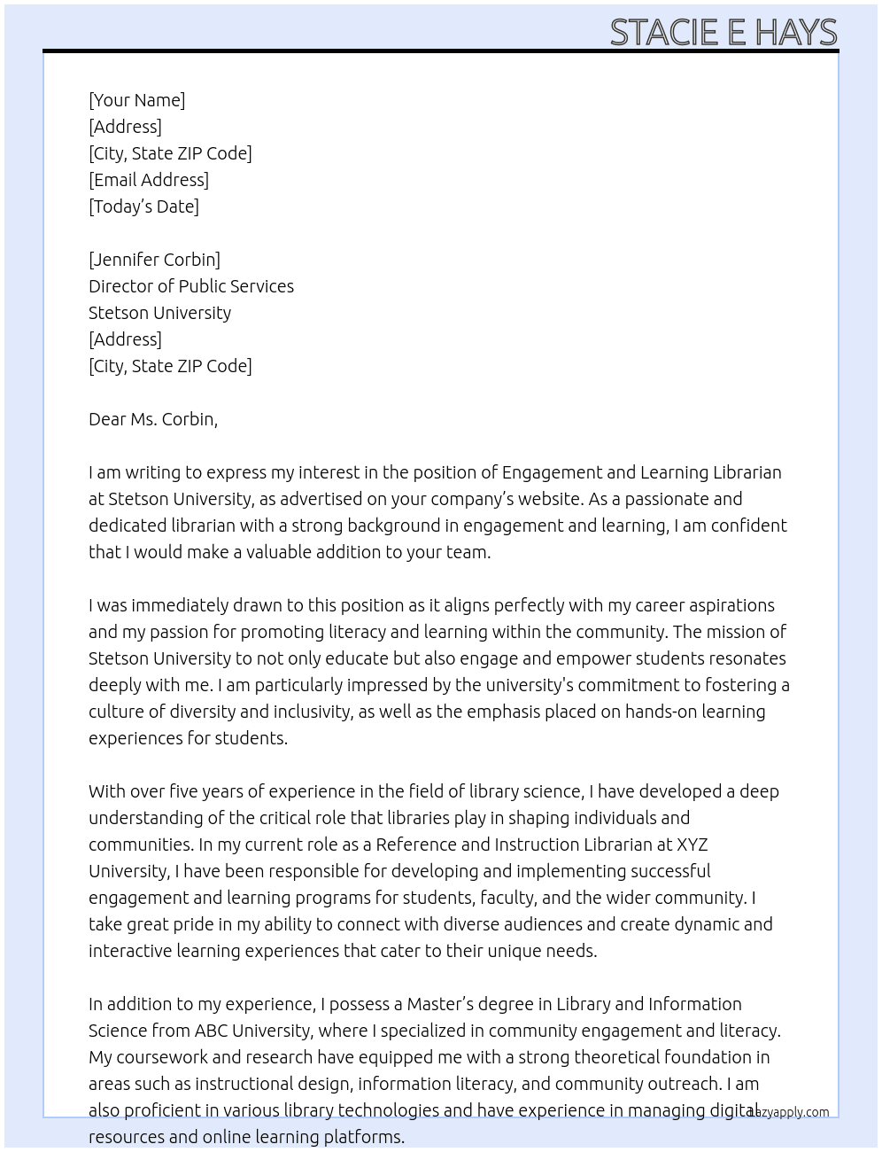Engagement and Learning Librarian At Stetson University Cover Letter