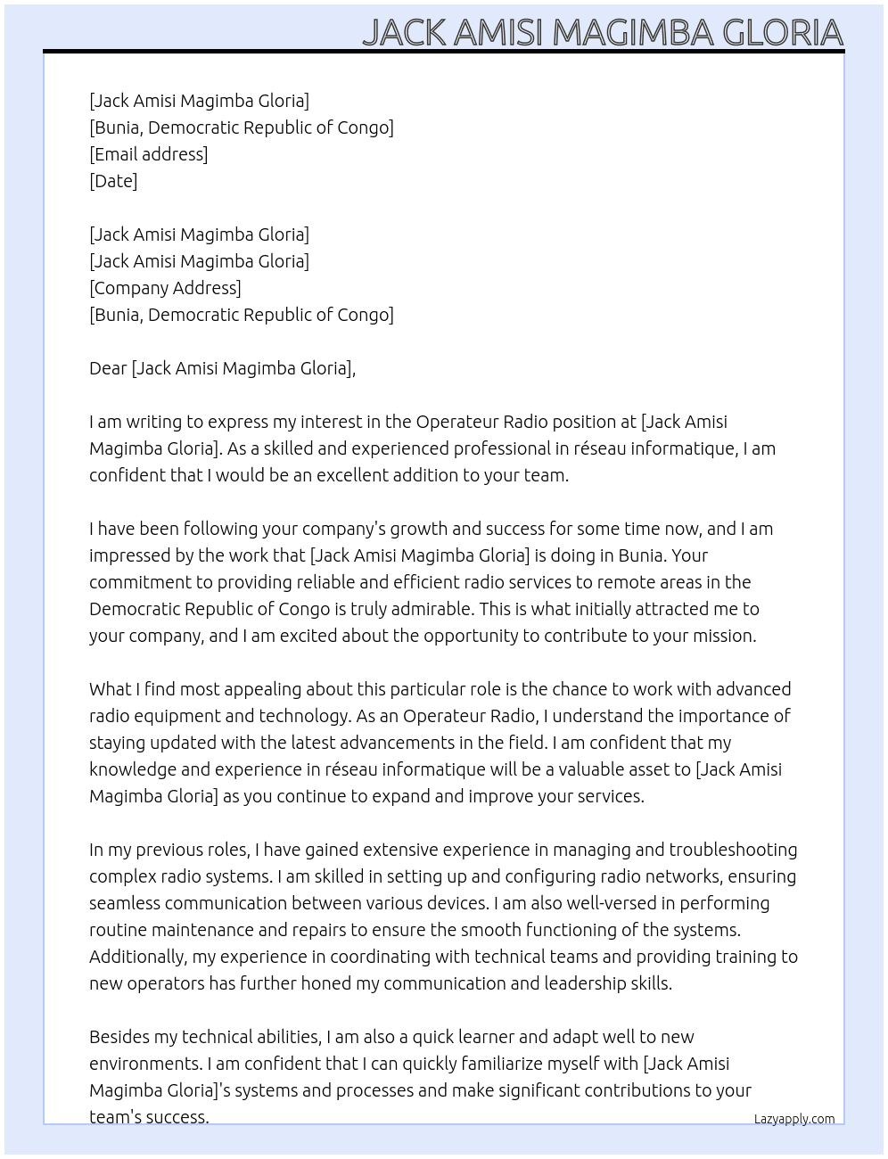 operateur radio At Jack Amisi Magimba Gloria Cover Letter