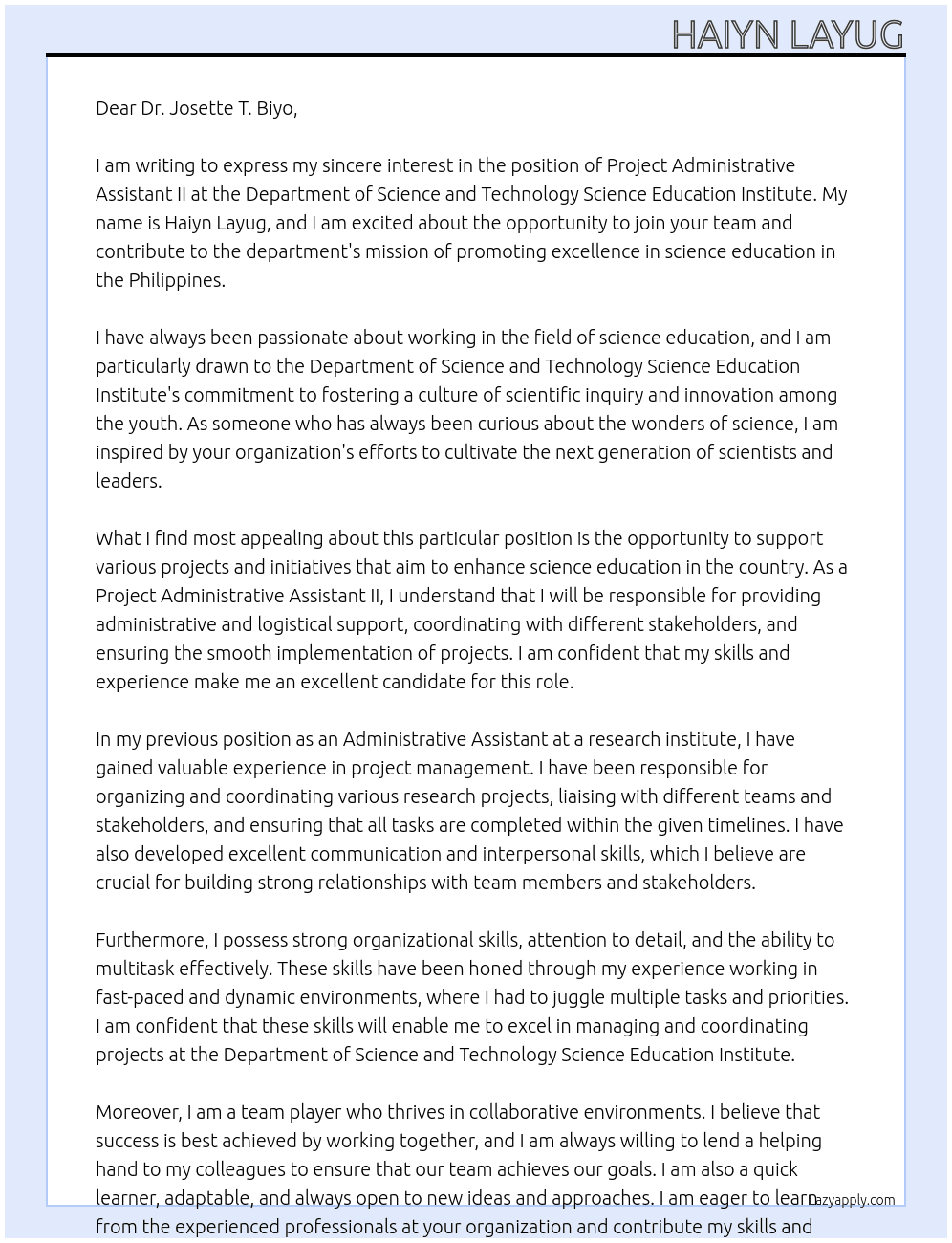 Project Administrative Assistant II At Department of Science and Technology Science Education Institute Cover Letter