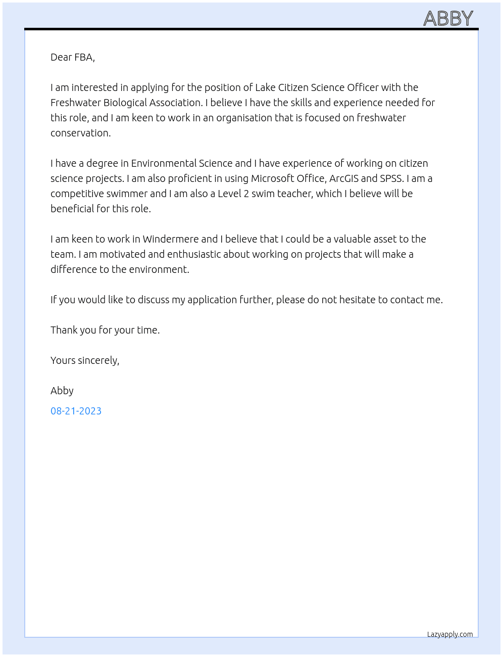 Lake Citizen science officer  At freshwater biological association  Cover Letter