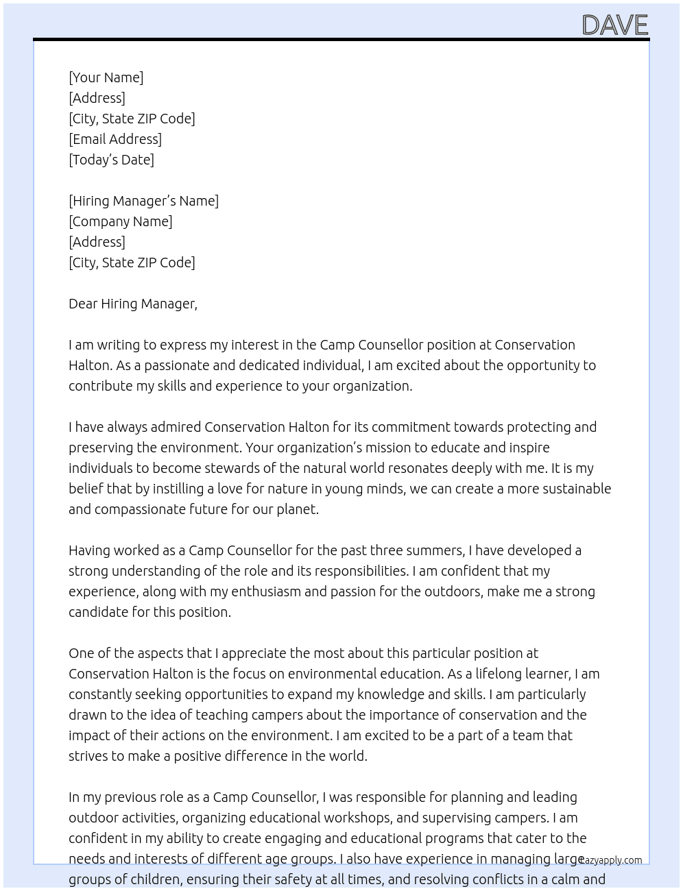Camp Counsellor At Conservation Halton Cover Letter