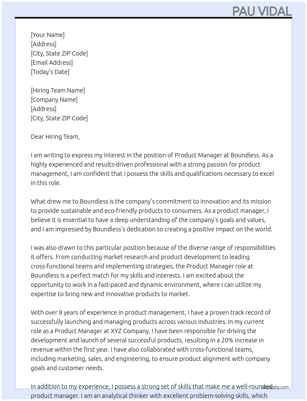product manager At Boundless Cover Letter