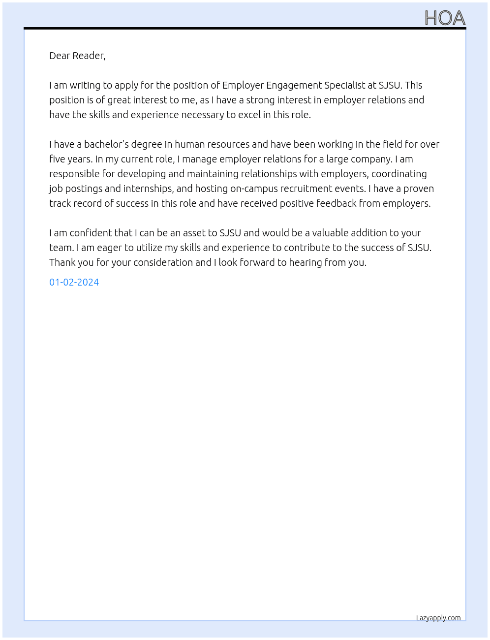 Employer Engagement Specialist At SJSU Cover Letter