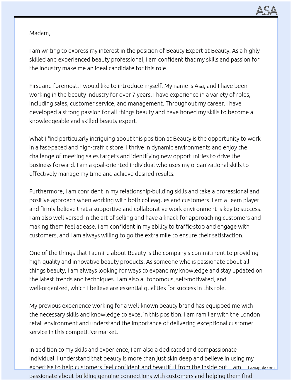 Beauty expert  At Beauty  Cover Letter