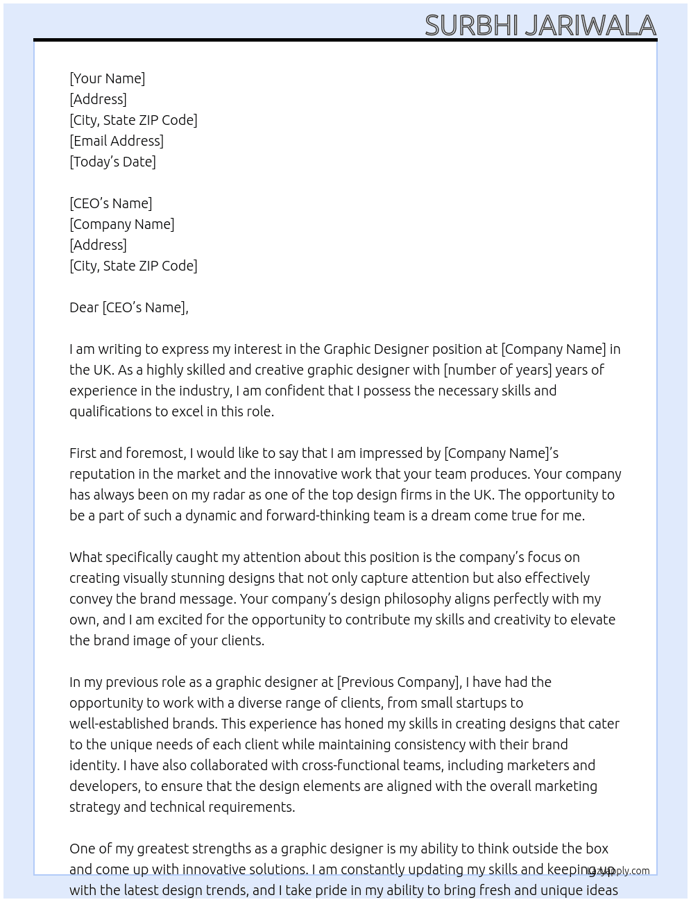 graphic designer At UK Cover Letter