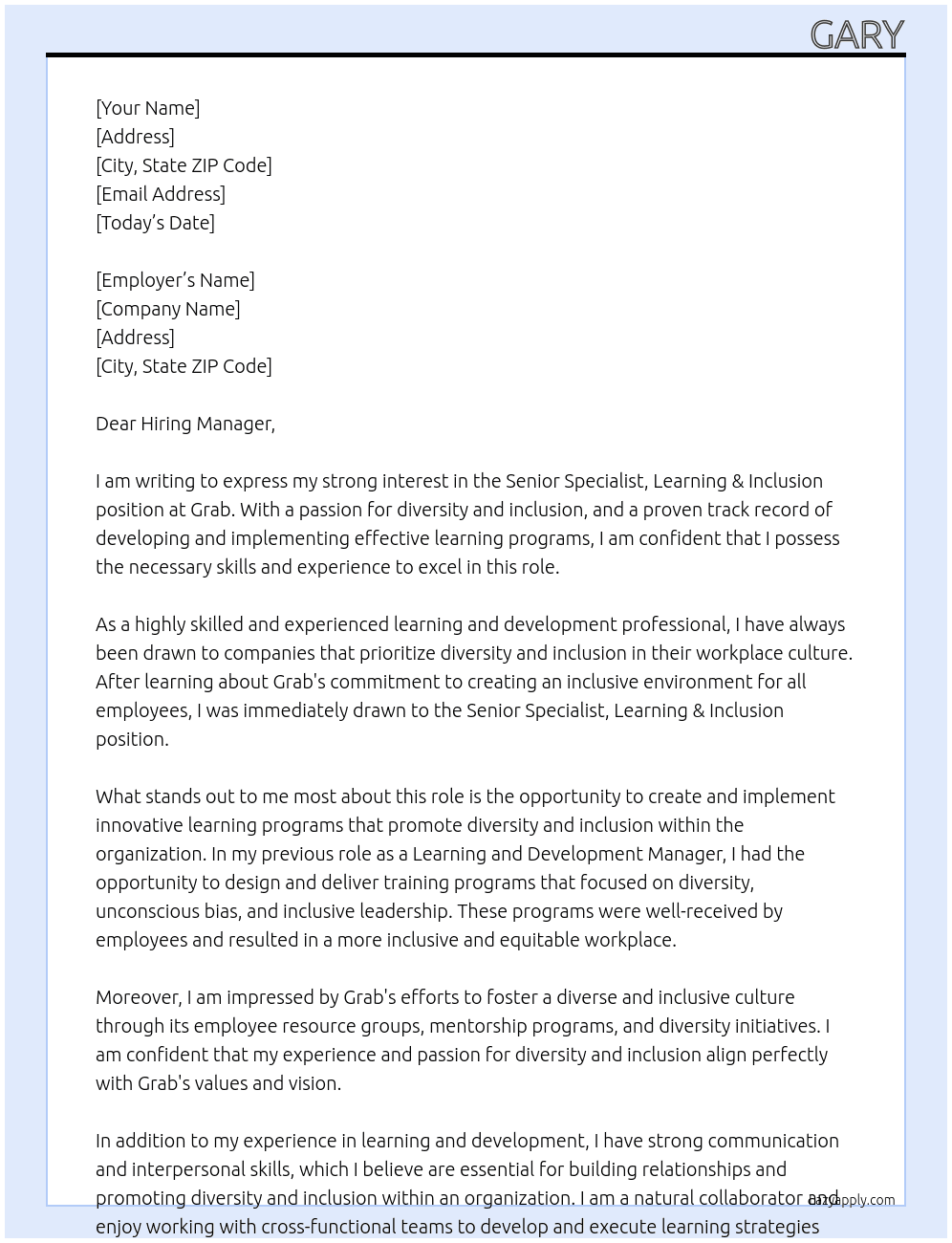 Senior Specialist, Learning & Inclusion At Grab Cover Letter