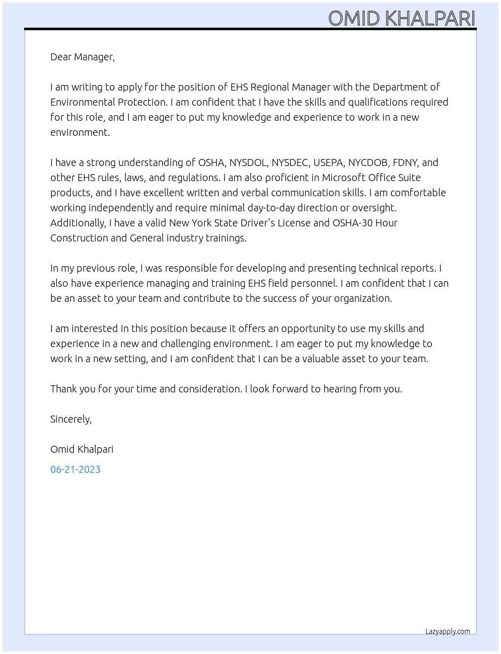 EHS Regional Manager At Department of Environmental Protection Cover Letter