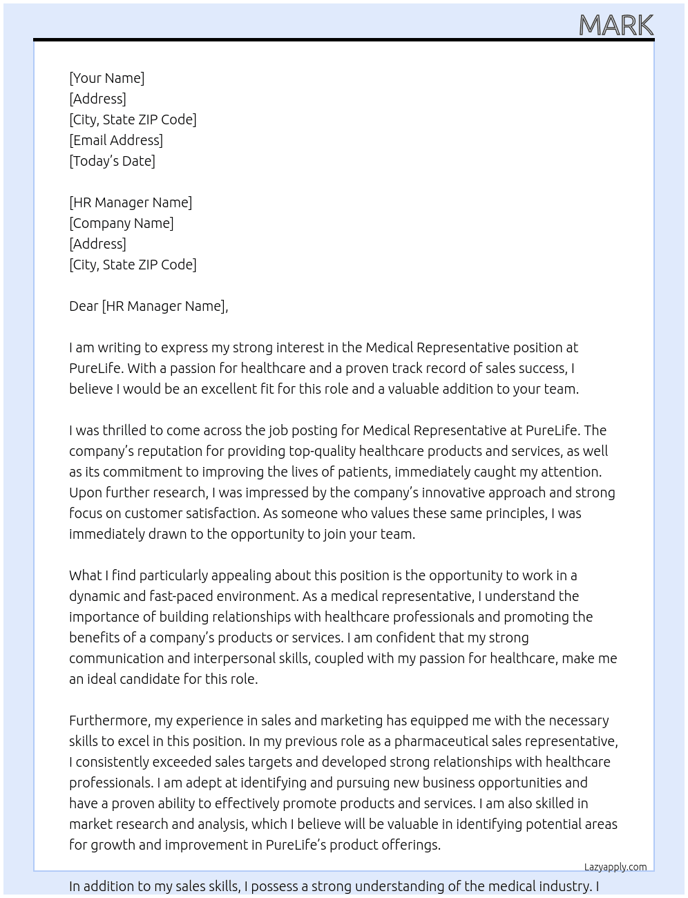 Medical Representative  At PureLife Cover Letter