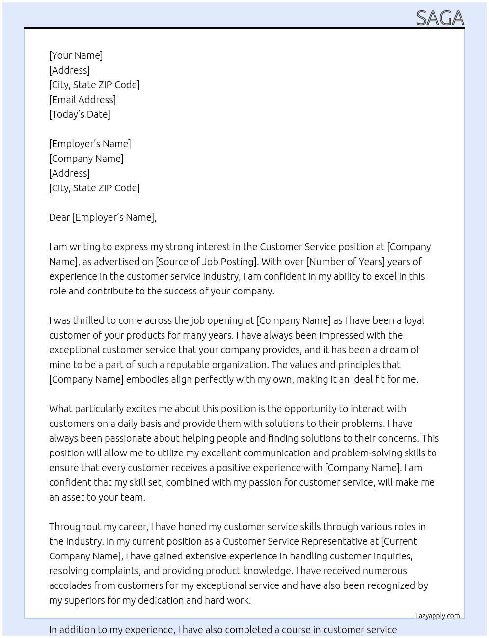 Customer service  At Sgs Cover Letter
