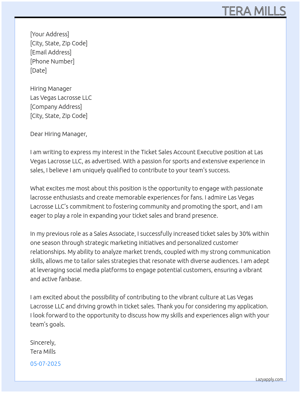 Ticket Sales Account Executive At Las Vegas Lacrosse LLC  Cover Letter