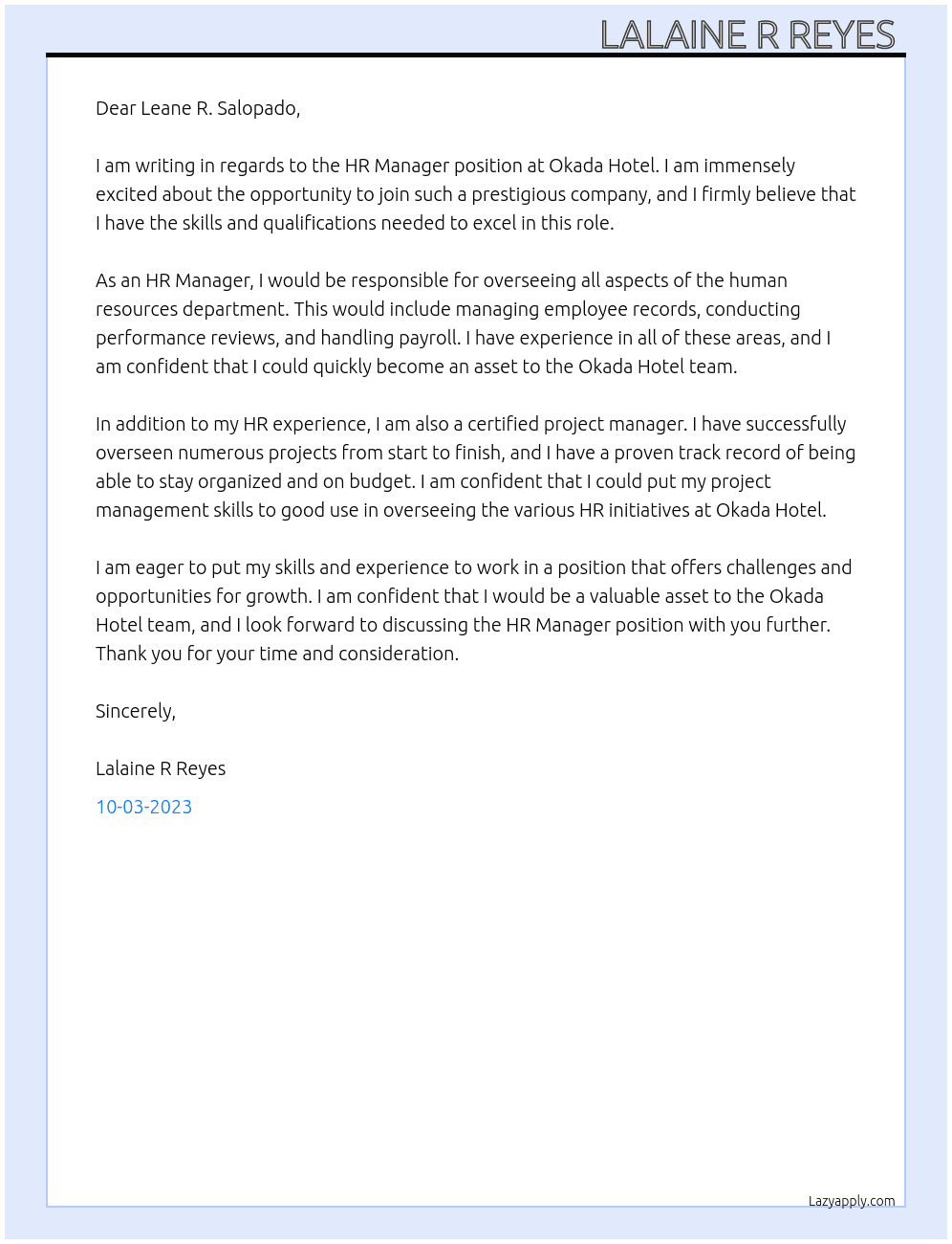 HR Manager At Okada Hotel Cover Letter