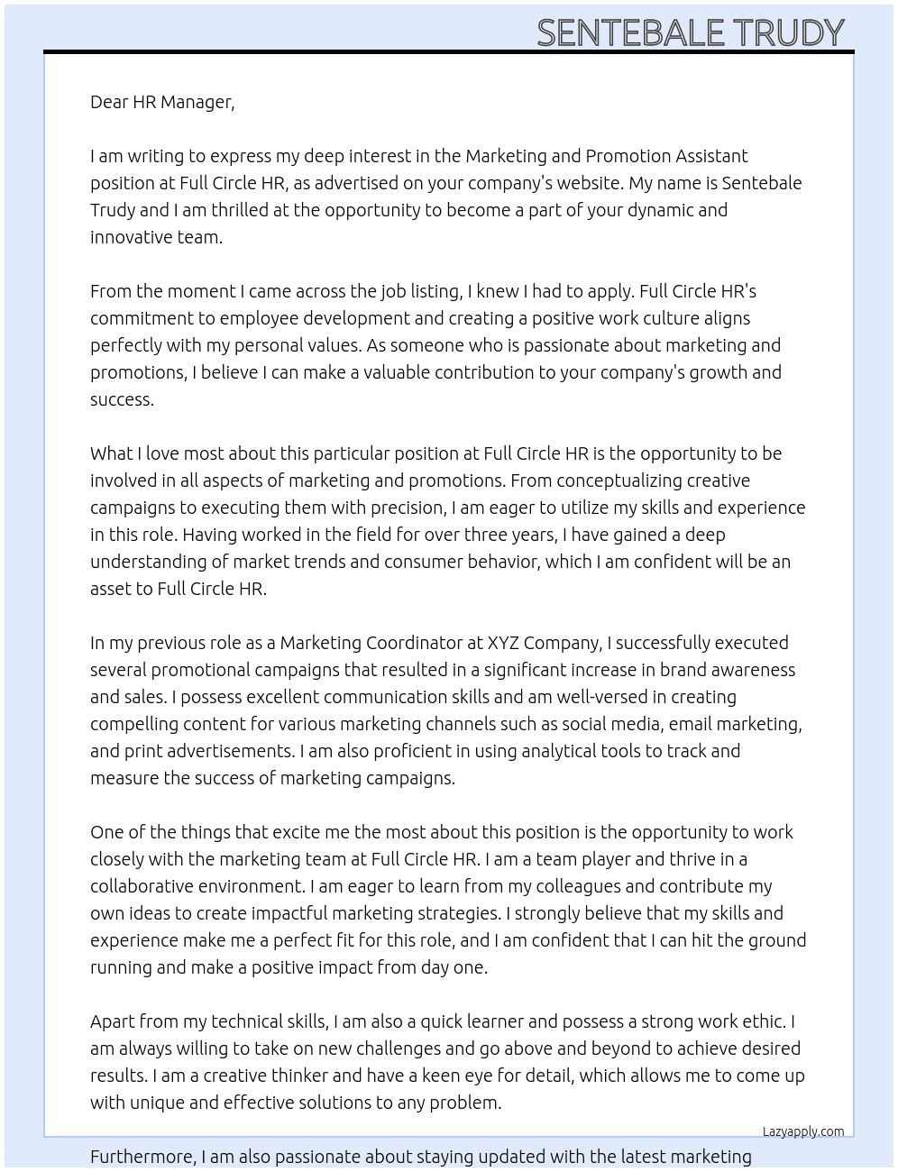 Marketing and Promotion assistant  At Full circle Hr Cover Letter