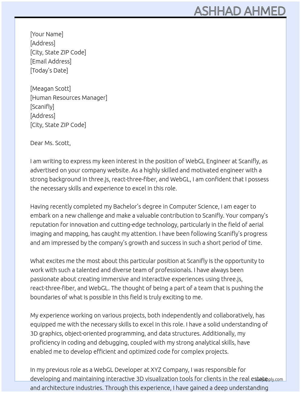 WebGL Engineer At Scanifly Cover Letter