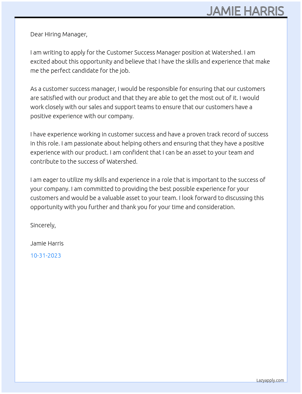 Customer Succes Manager  At Watershed Cover Letter