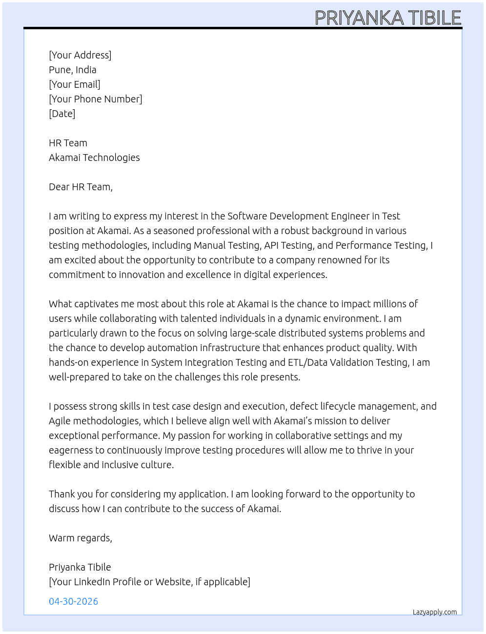Cover letter for development in test engineer - LazyApply