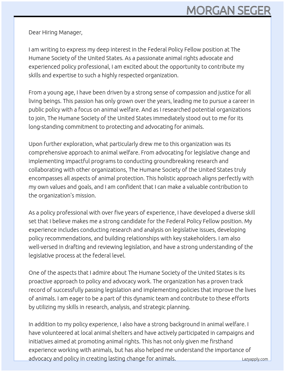 Federal Policy Fellow At The Humane Society of the United States Cover Letter