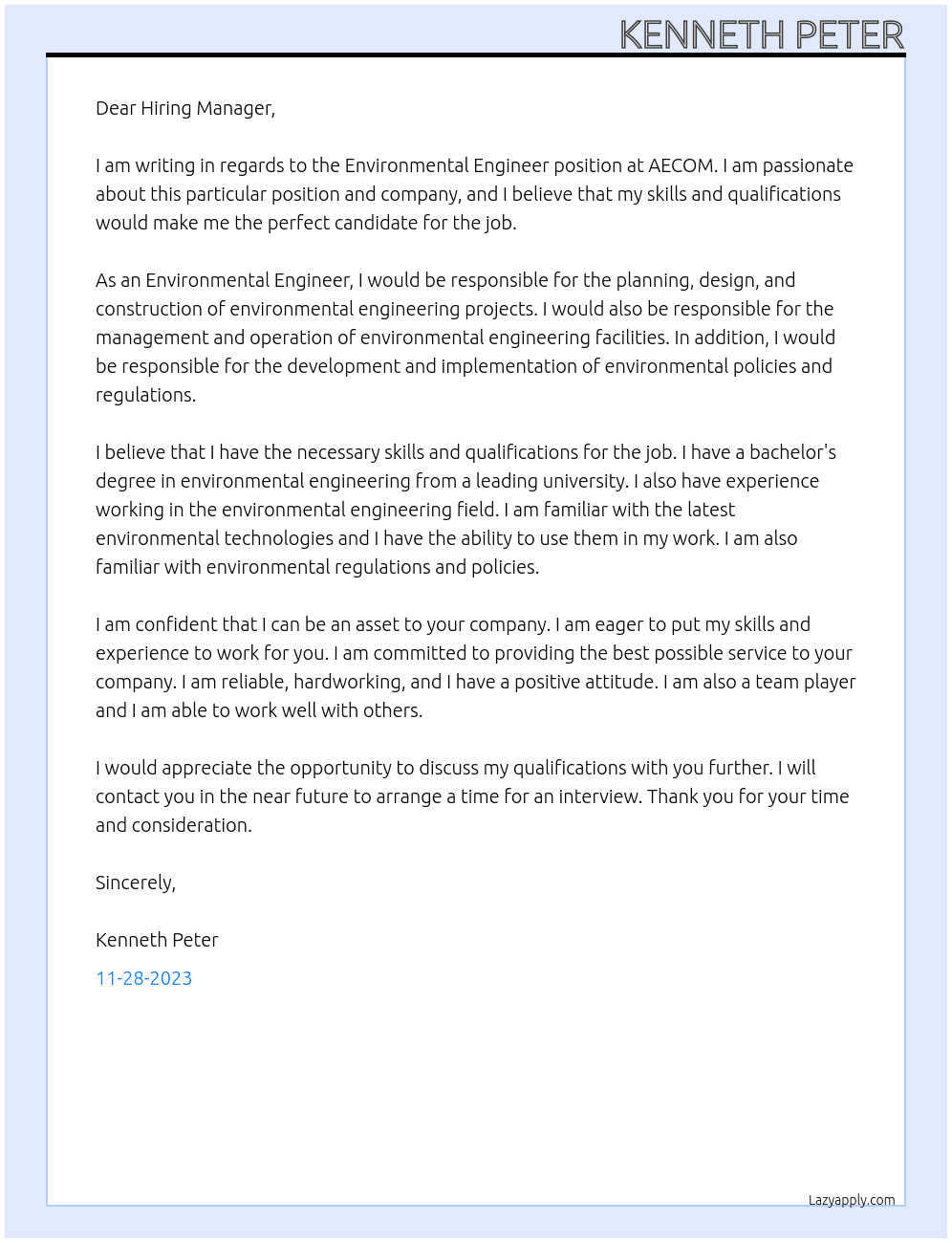 Environmental engineer At AECOM Cover Letter