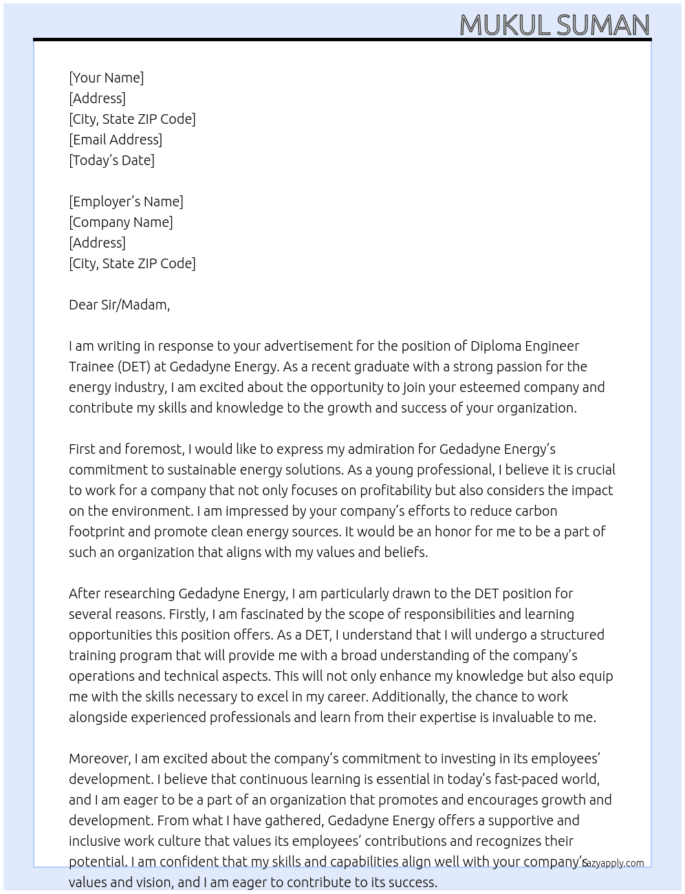 Diploma engineer trainee (DET) At Gedadyne Engery  Cover Letter