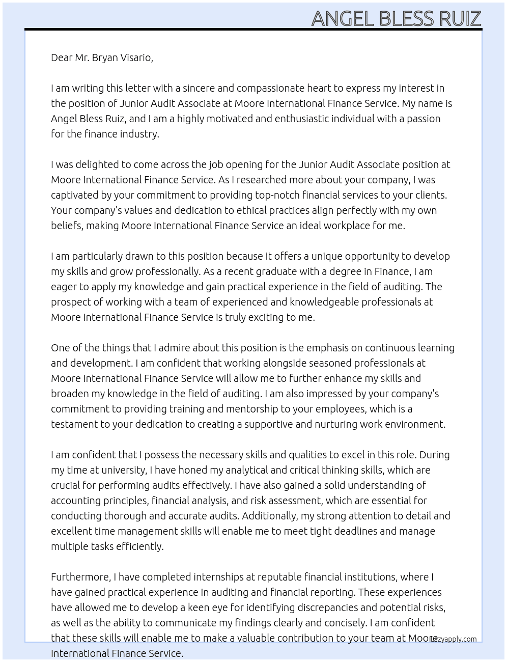 Junior Audit Associate At Moore International finance service Cover Letter