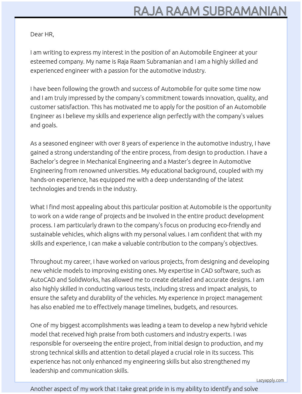 automobile engineer At automobile Cover Letter