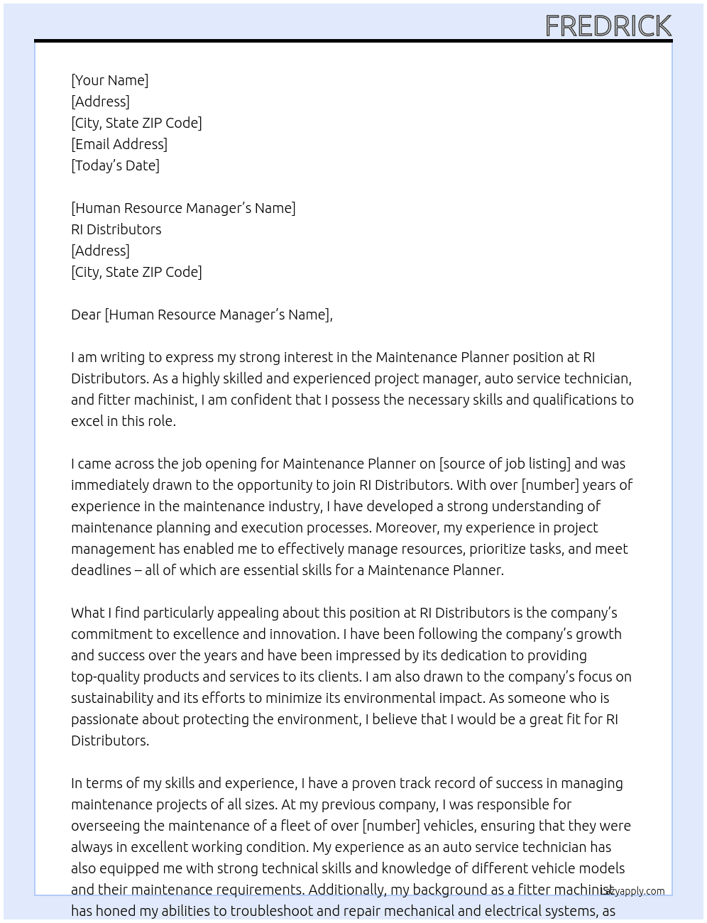 Maintenance Planner At RI Distributors Cover Letter