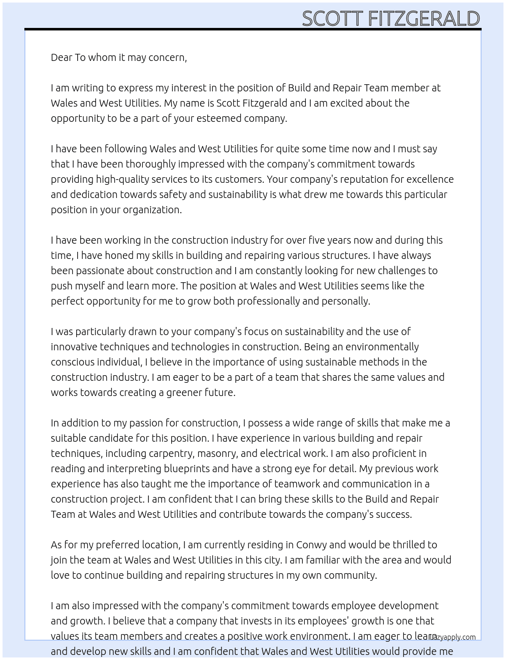 Cover letter for build and repair team - LazyApply