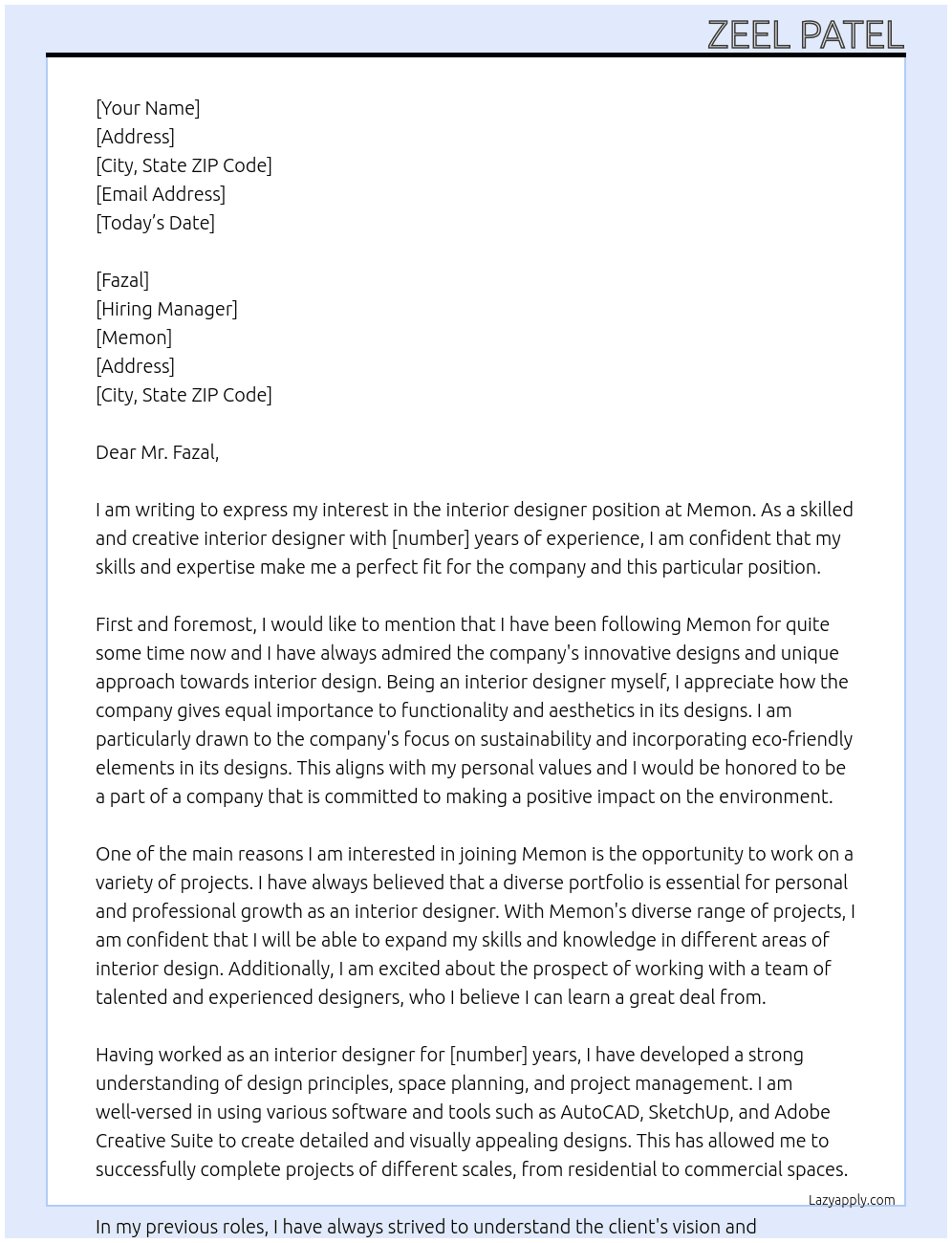Interior designer At Memon Cover Letter