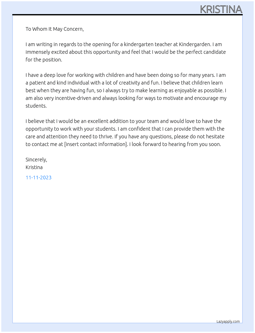 kindergarden teacher At Kindergarden Cover Letter