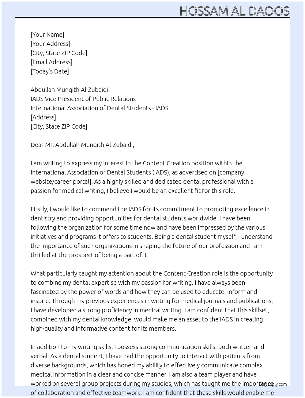Content Creation At International Association of Dental Students -IADS  Cover Letter