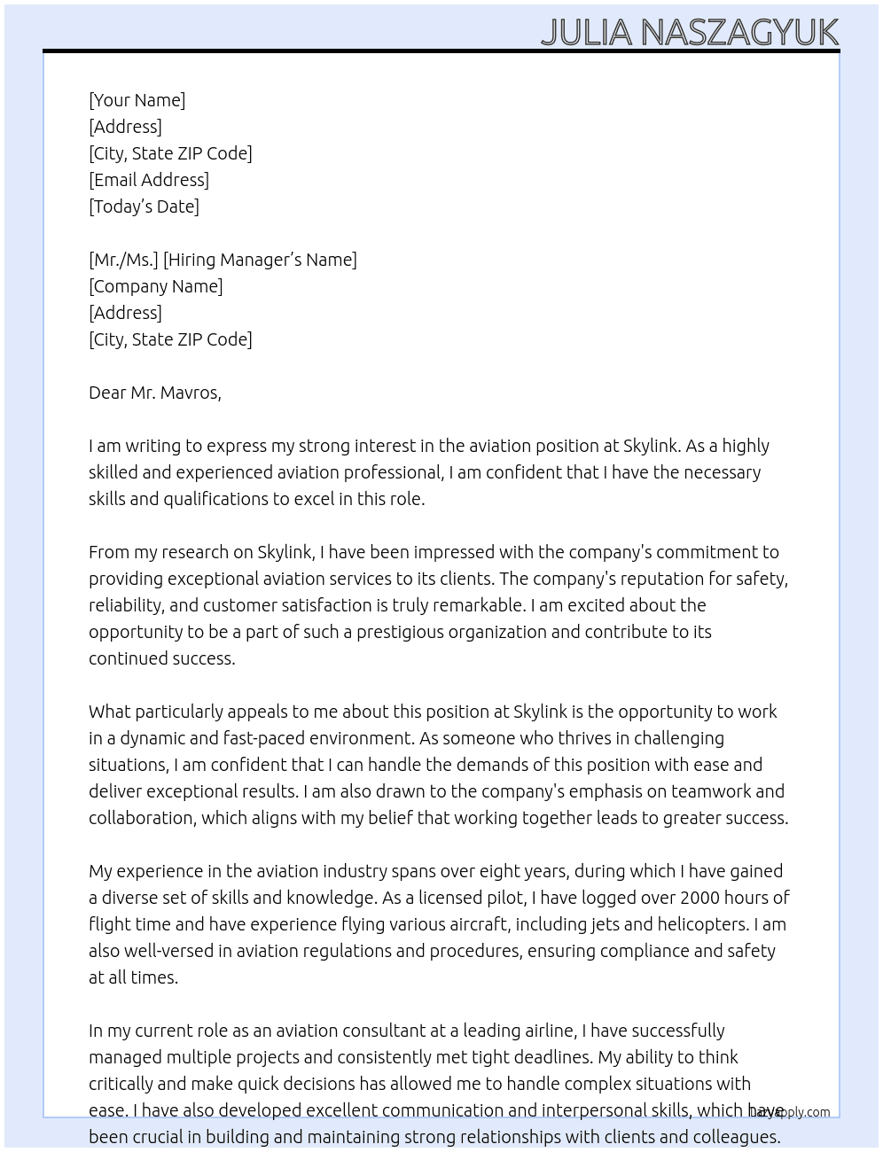 aviation At skylink Cover Letter