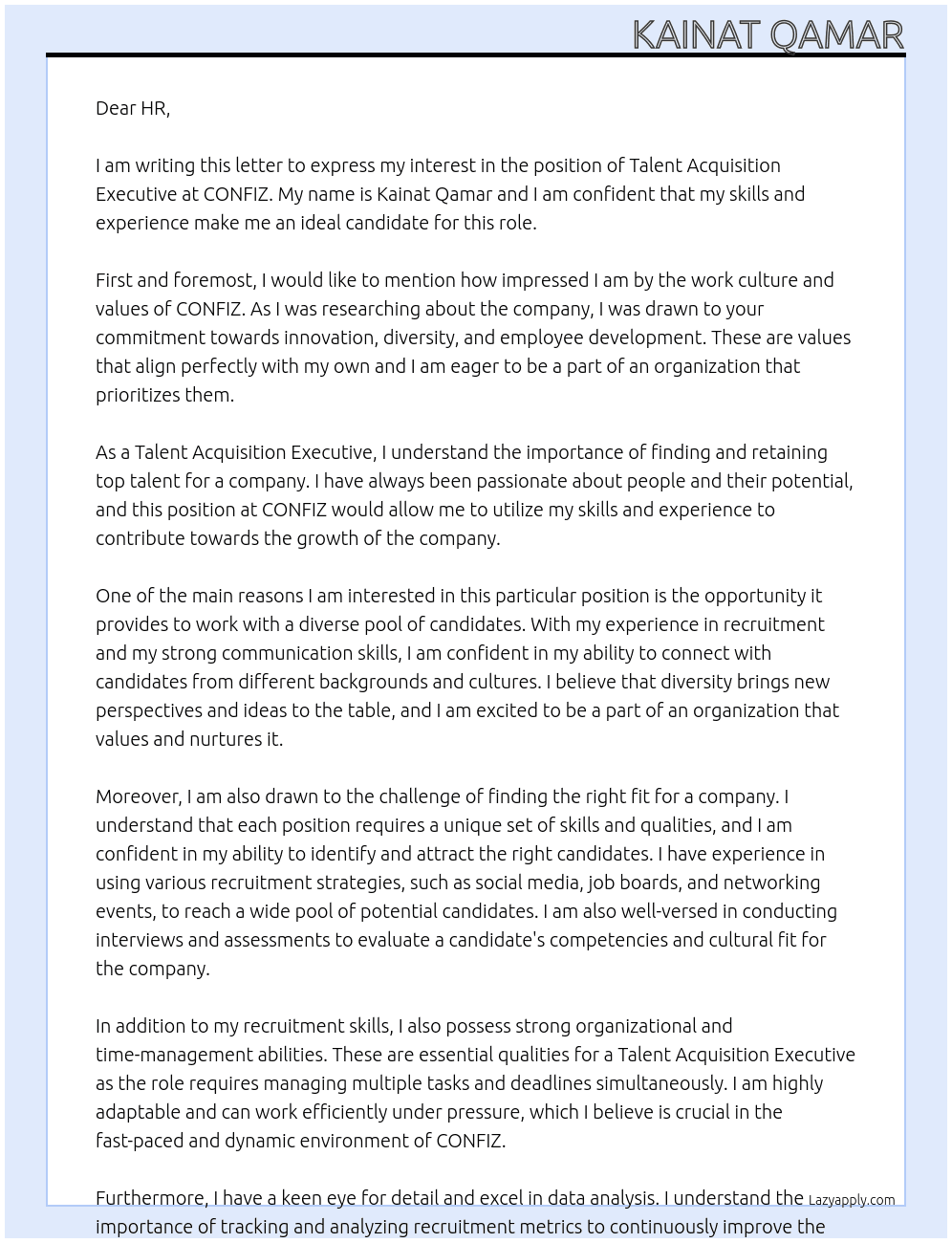 Talent Acquisition Executive At CONFIZ Cover Letter