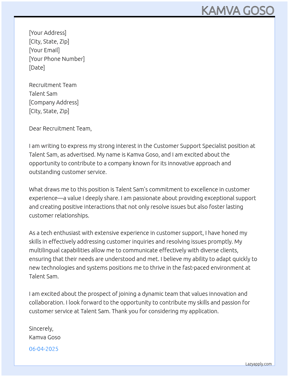 Customer Support Specialist  At Talent Sam Cover Letter