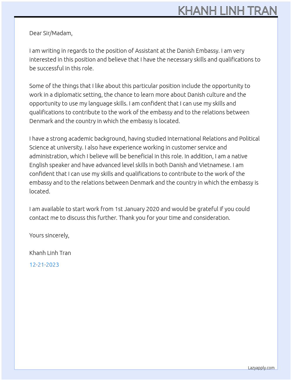 Assistant At Danish Embassy Cover Letter