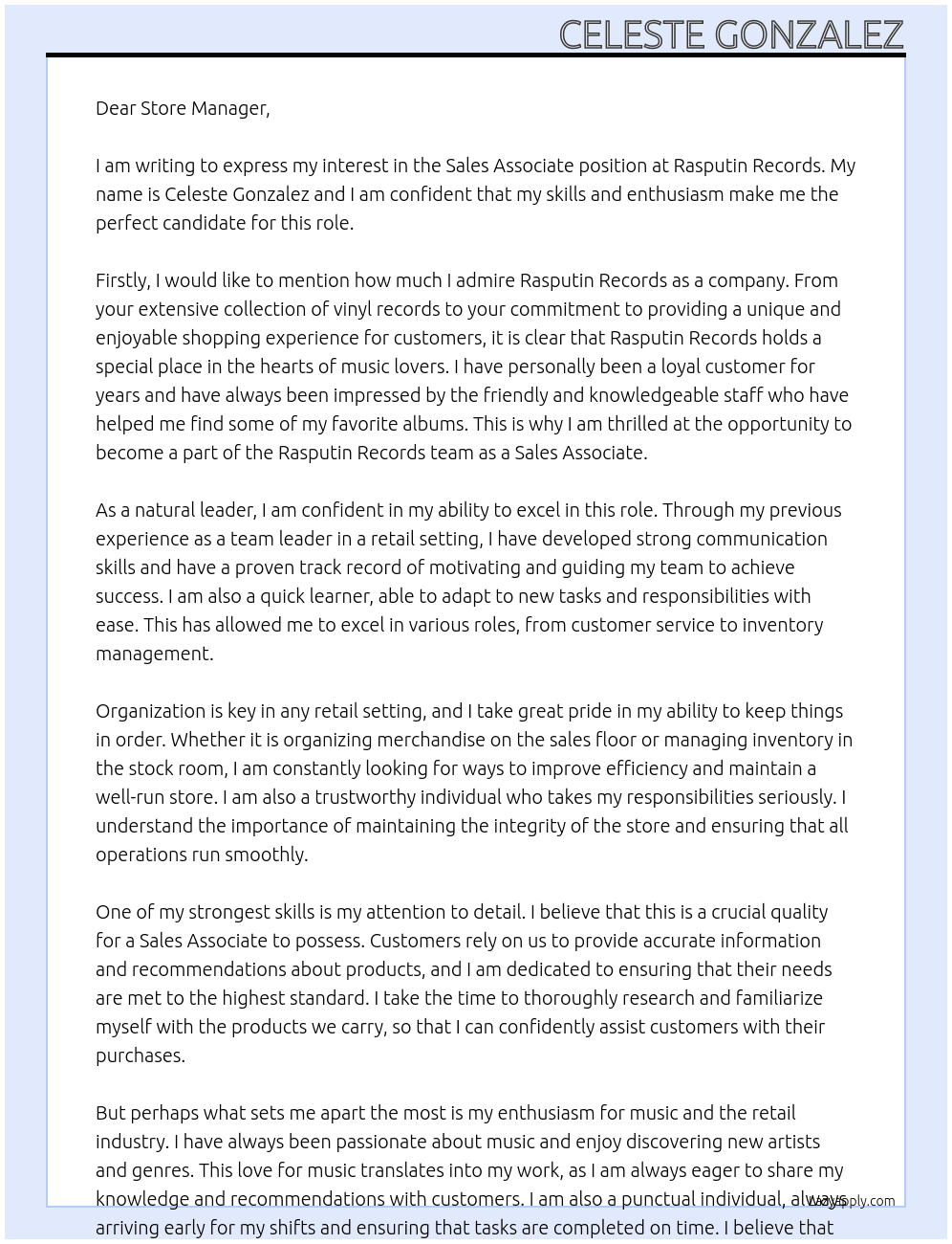 Sales Associate At Rasputin Records Cover Letter