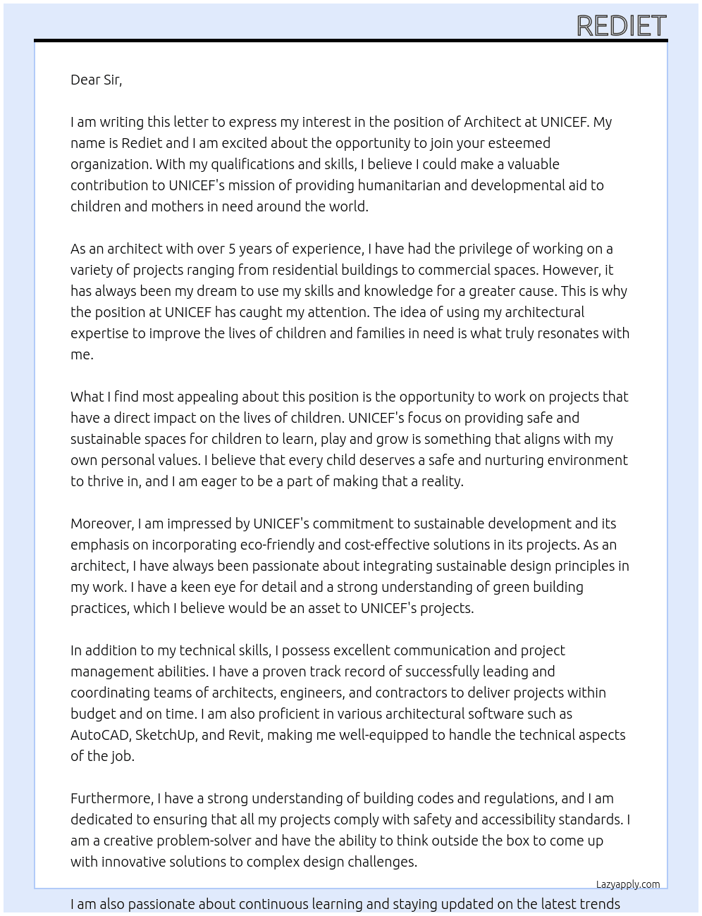 Architect At UNICEF Cover Letter