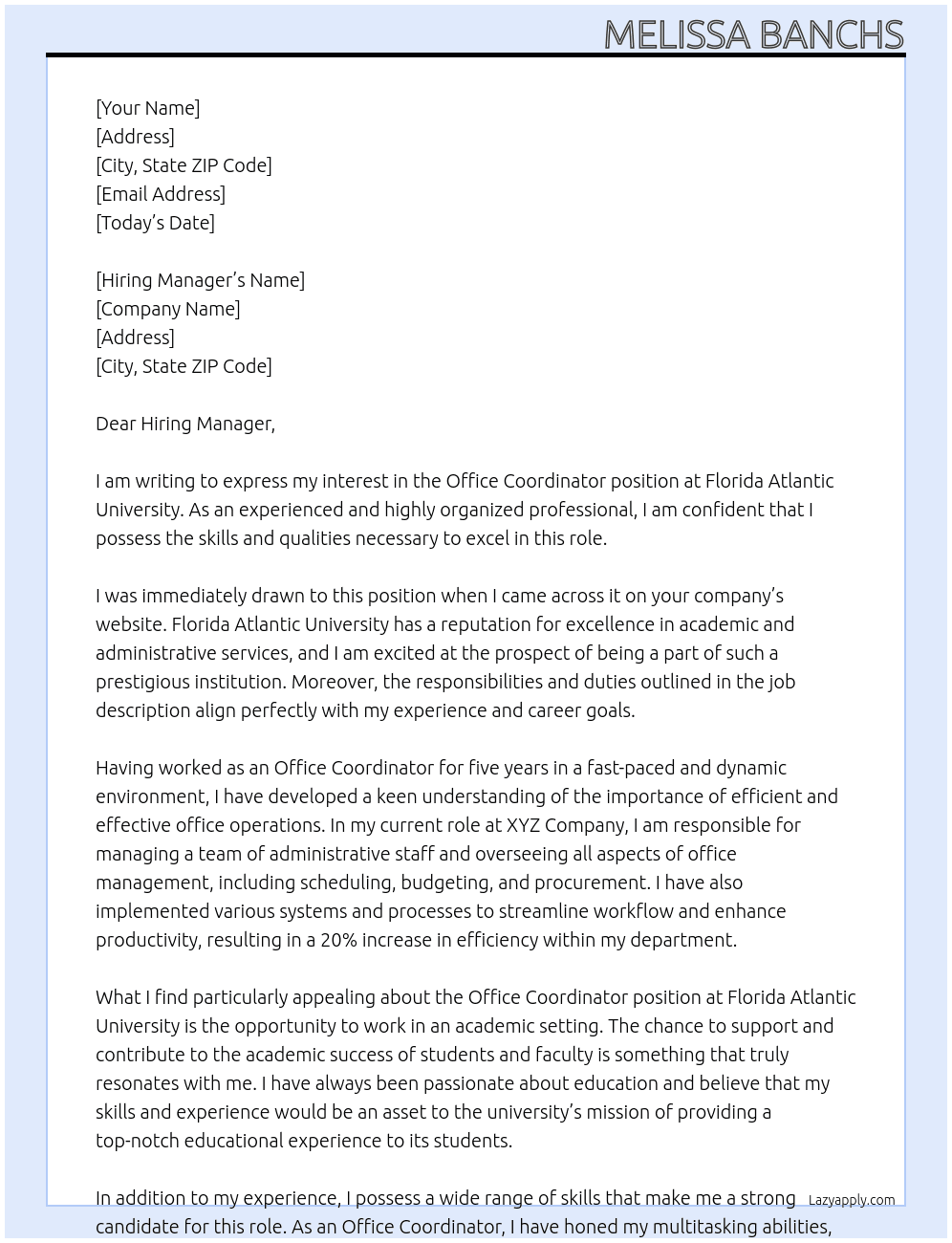 Office Coordinator At Florida Atlantic University Cover Letter