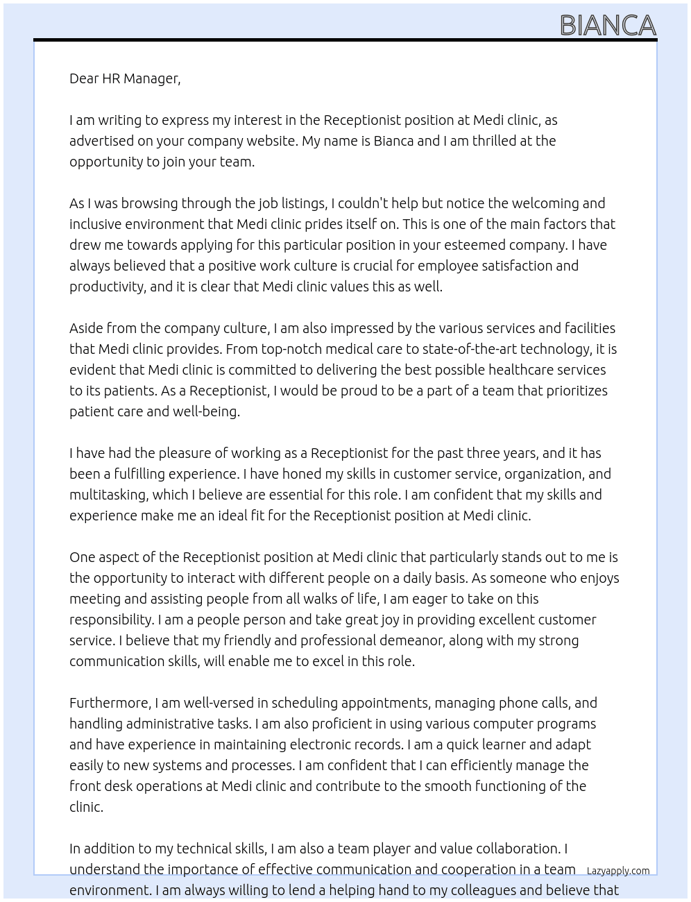 Receptionist At Medi clinic Cover Letter