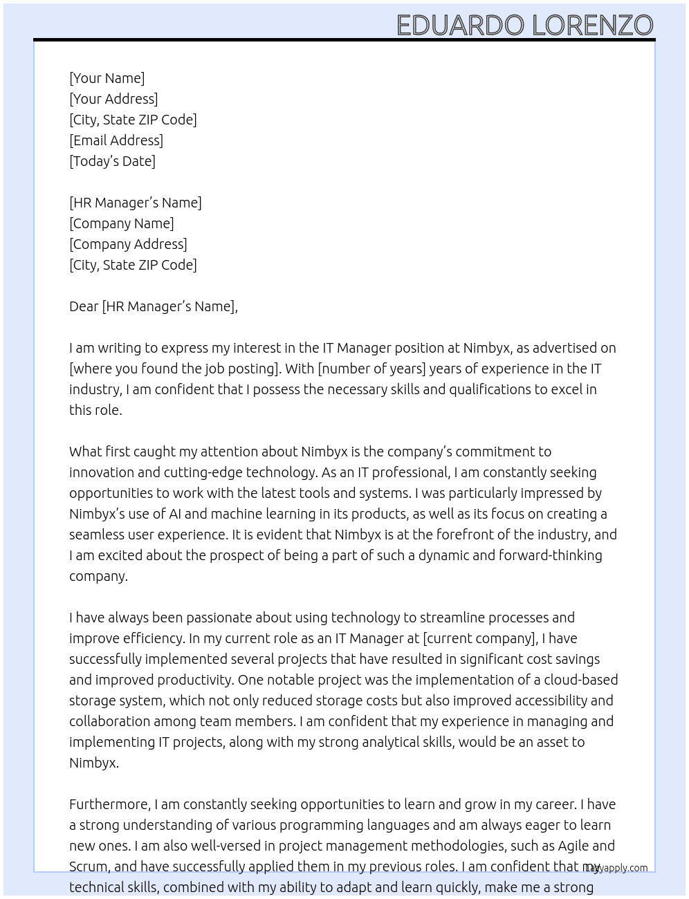 IT Manager At Nimbyx Cover Letter
