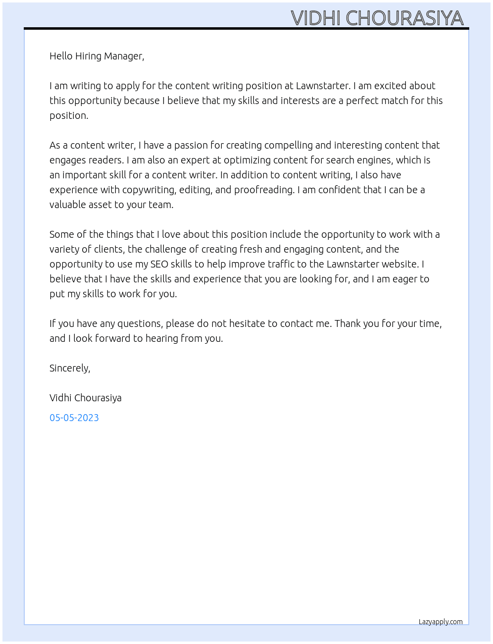 Content writing  At Lawnstarter Cover Letter
