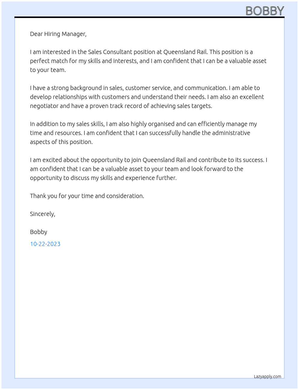 SALES CONSULTATNT At QUEENSLAND RAIL Cover Letter