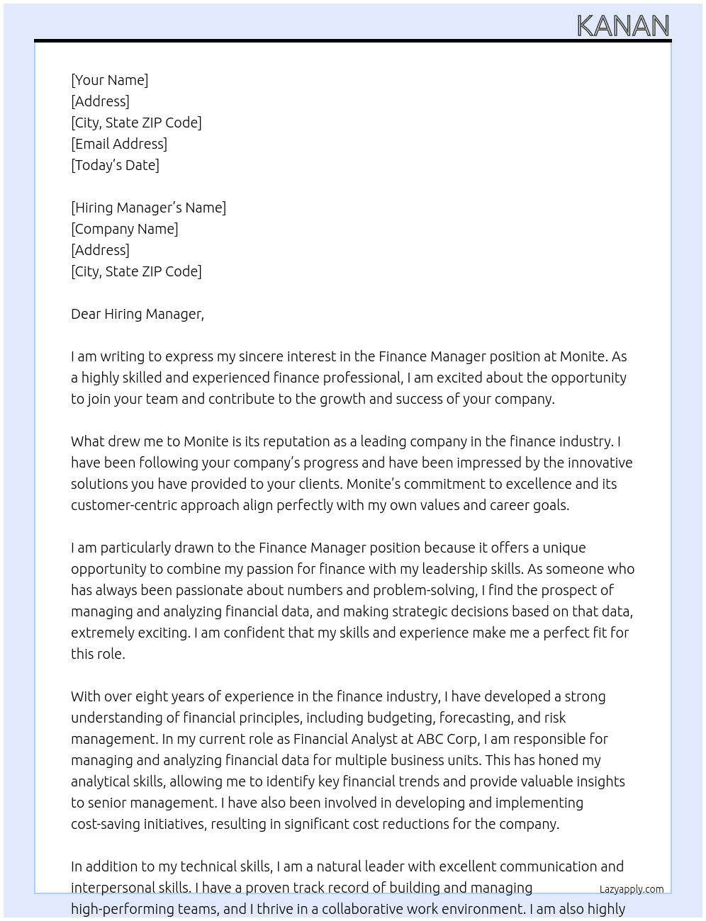 Finance manager At Monite Cover Letter