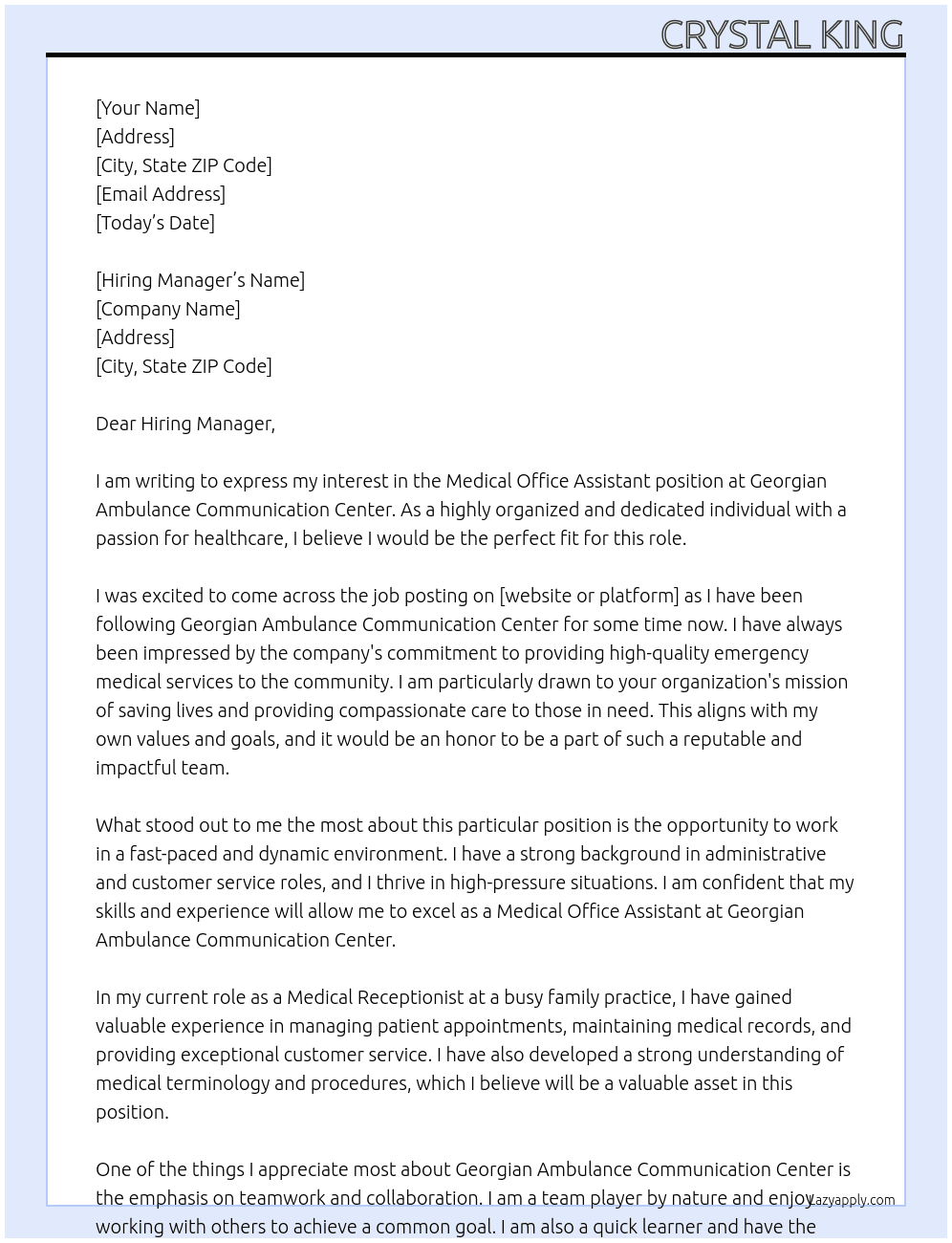 Medical Office Assistant At Georgian Ambulance Communication Center Cover Letter
