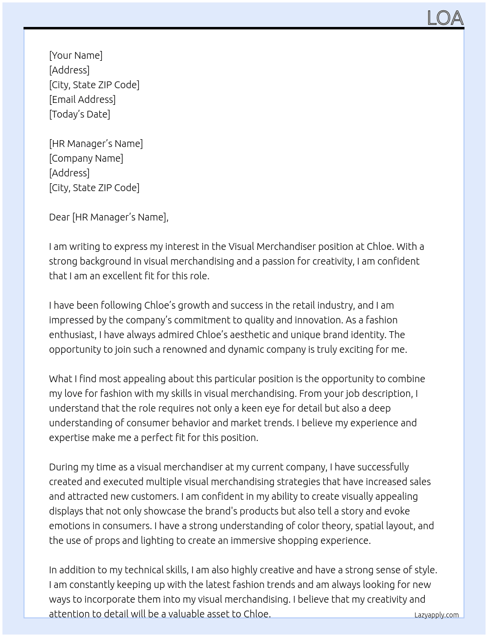 Visual merchandiser At Chloe Cover Letter