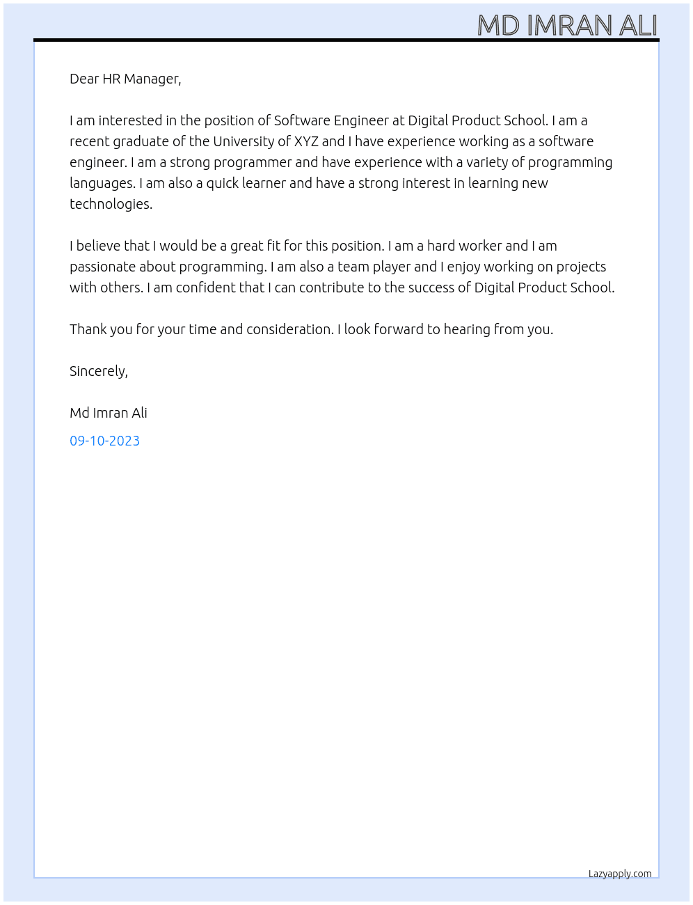 Software Engineer At Digital Product School Cover Letter