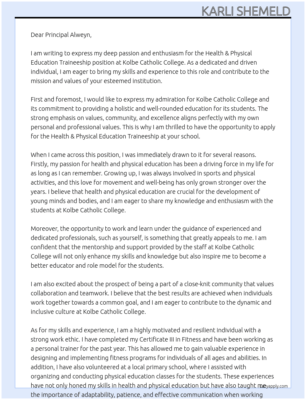 Health & Physical Education Traineeship At Kolbe Catholic College Cover Letter